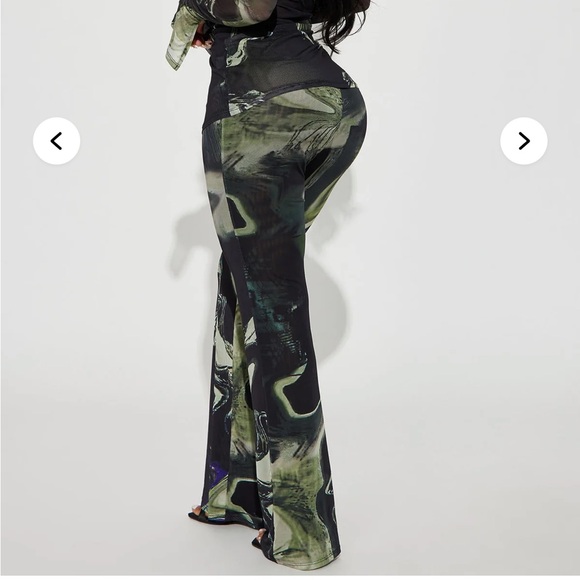 Fashion Nova  Gisella Pant Black & Green Abstract Flare Pants NWOT pants only L - Picture 2 of 6